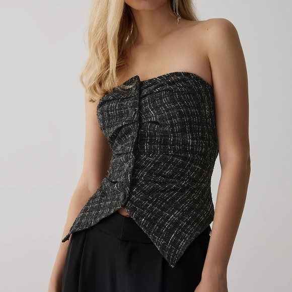 Commense Tweed Button Ruched Tube Top - Picture 3 of 6